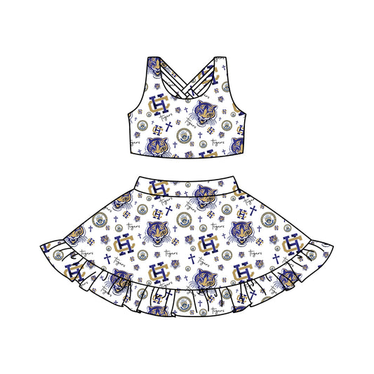 (Custom Design Preorder MOQ 5) Team's HOLY CROSS Tigers Print Girls Summer Skirts Clothes Set