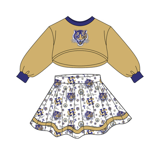 (Custom Design Preorder MOQ 5) Team's HOLY CROSS Tigers Long Sleeve Top Skirts Girls Clothes Set