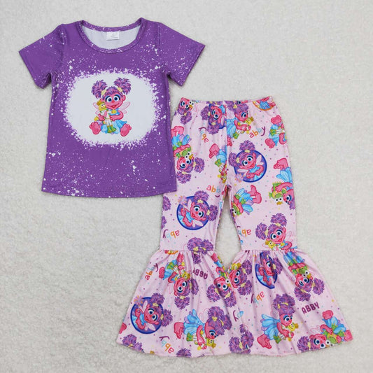 GSPO1359 Purple Cartoon Street Teacher Print Girls Bell Pants Clothes Set