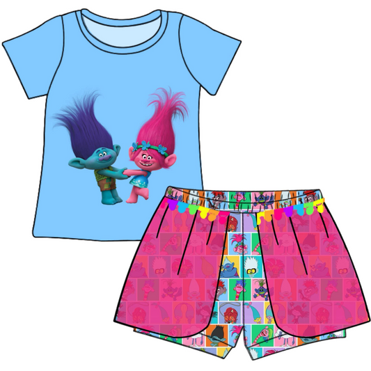 (Custom Design Preorder MOQ 5) Cartoon Hair Monster Print Girls Summer Clothes Set