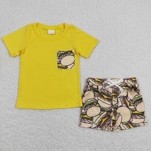 BSSO0547 Yellow Pocket Top Hamburger Shorts Boys Summer Clothes Set