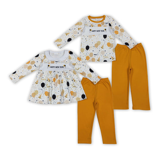 Happy New Year Embroidery Balloon Top Orange Pants Sibling Clothes Set