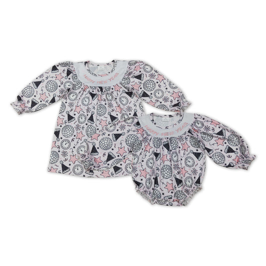 Happy New Year Embroidery Stars Print Girls Clothes Sisters Matching Wear