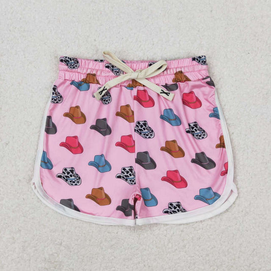 SS0243 Pink Cowboy Hat Print Girls Summer Western Shorts