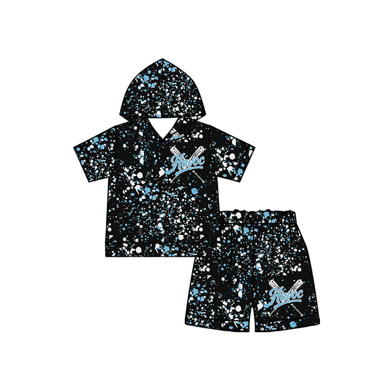 (Custom Design Preorder MOQ 5) Team's Havoc Baseball Black Hoodie Top Shorts Boys Summer Clothes Set