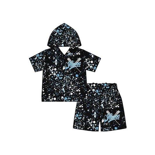 (Custom Design Preorder MOQ 5) Team's Havoc Baseball Black Hoodie Top Shorts Boys Summer Clothes Set