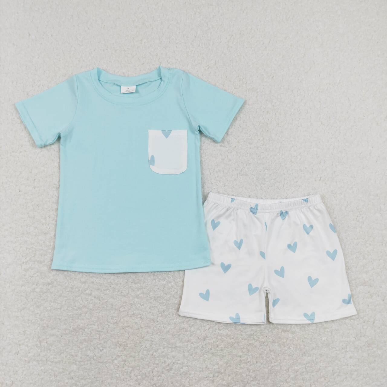 BSSO0413 Blue Pocket Top Grey Heart Print Shorts Boys Valentine's Clothes Set