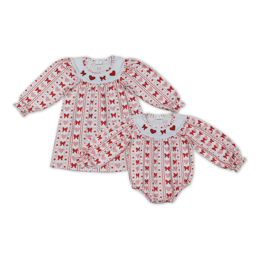 Heart Bows Embroidery Pink Print Girls Valentine's Day Clothes Sisters Matching Wear