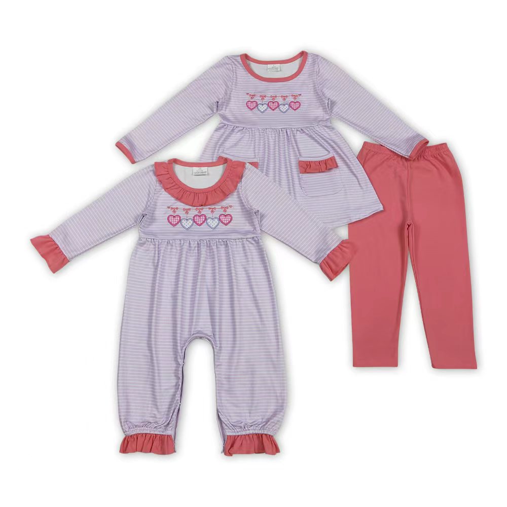 Heart Bows Embroidery Stripes Print Girls Valentine's Day Clothes Sisters Matching Wear
