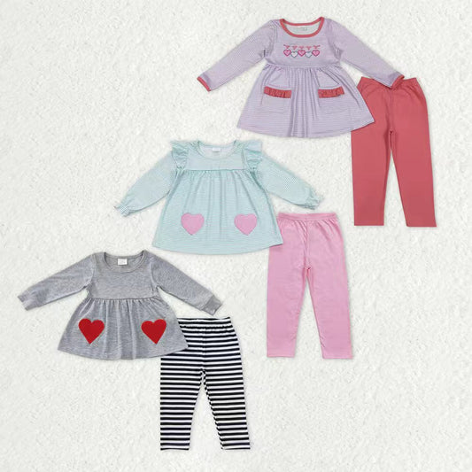 Heart Embroidery Tunic Top Legging Pants Girls Valentine's Day Clothes Set Sisters Wear