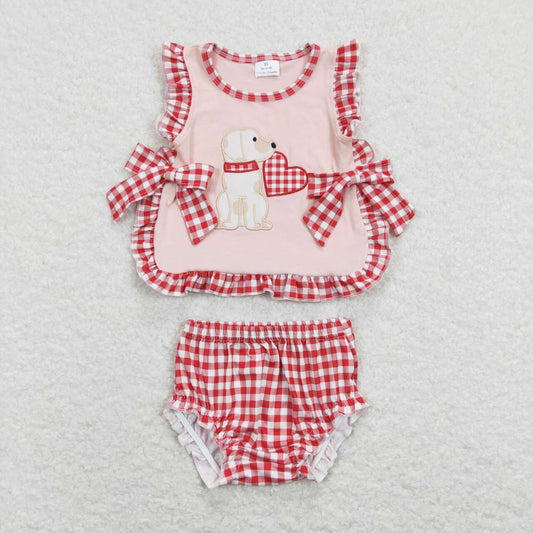 GBO0230 Dog Heart Embroidery Pink Top Red Plaid Shorts Baby Girls Valentine's Bummie Set