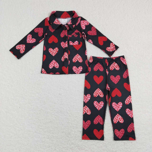 GLP1137 Red Heart Print Girls Valentine's Pajamas Clothes Set