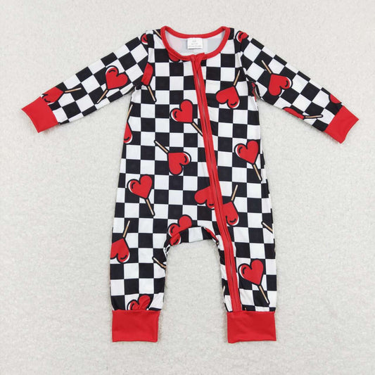 LR0856  Black Plaid Heart Print Baby Kids Valentine's Zipper Romper