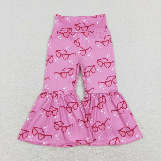 P0365 Pink Heart Sunglasses Print Valentine's Bell Bottom Pants