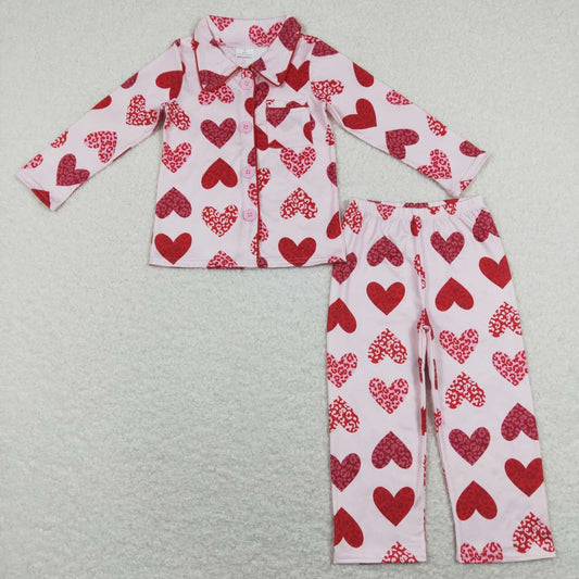 GLP1136 Pink Heart Print Girls Valentine's Pajamas Clothes Set