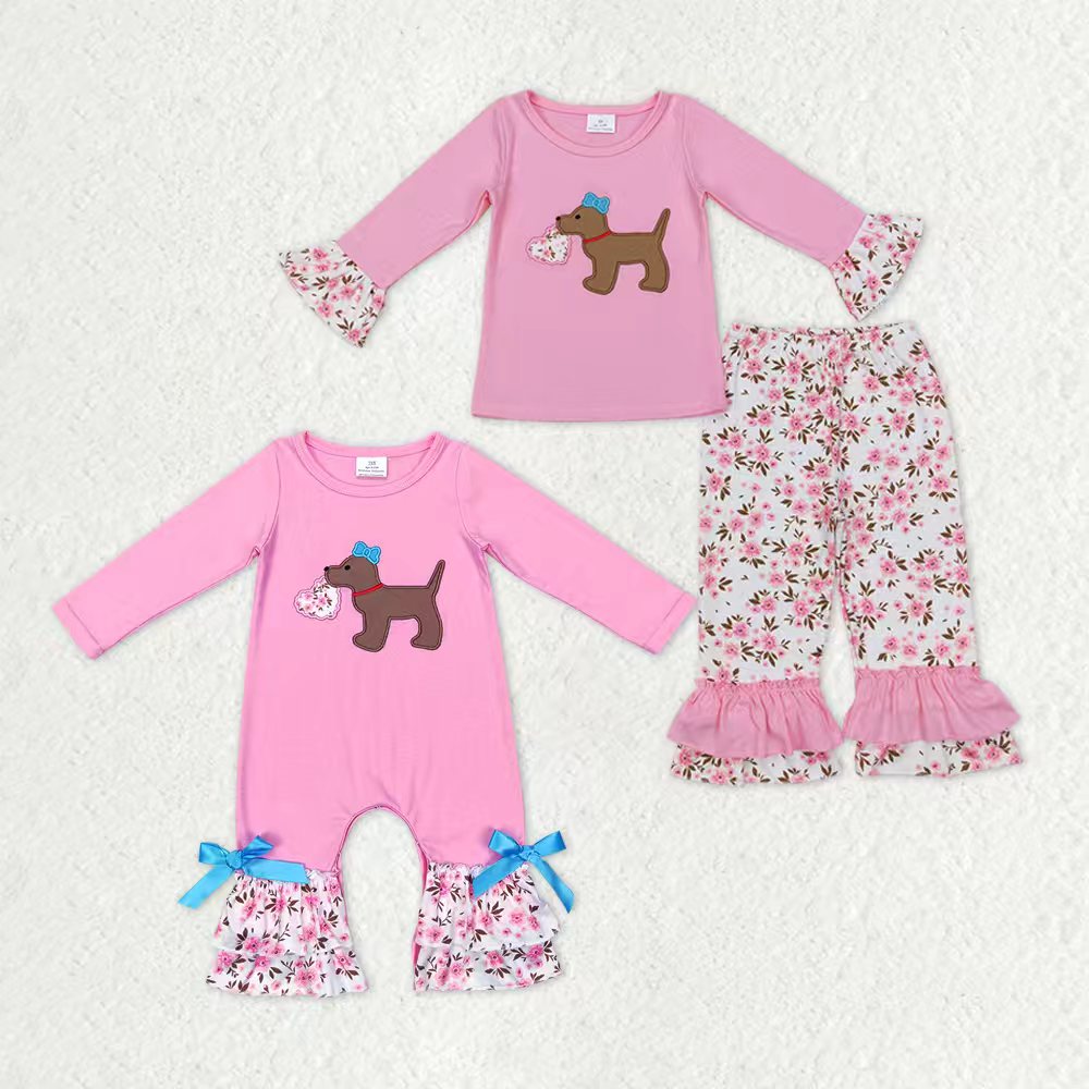 Heart Puppy Embroidery Flowers Print Girls Valentine's Day Matching Clothes Sisters Wear