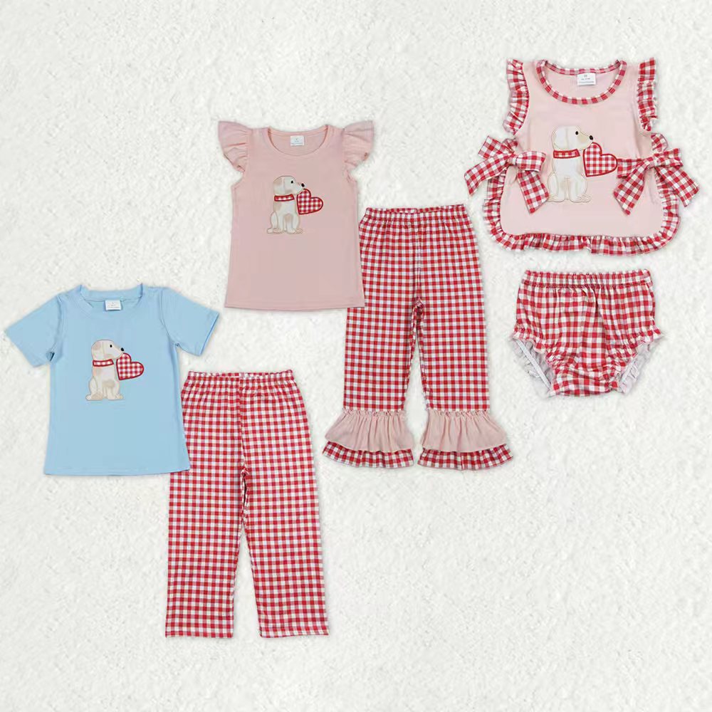 Heart Puppy Embroidery Plaid Print Sibling Valentine's Day Matching Clothes