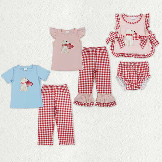 Heart Puppy Embroidery Plaid Print Sibling Valentine's Day Matching Clothes