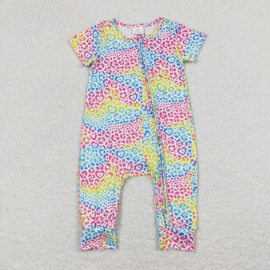 SR0977 Colorful Leopard Hearts Print Baby Girls Summer Zipper Romper