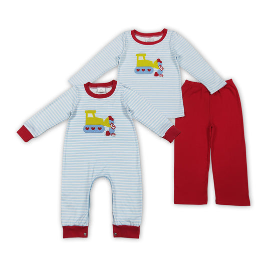 Heart Trucks Embroidery Stripes Boys Valentine's Day Matching Clothes Brothers Wear