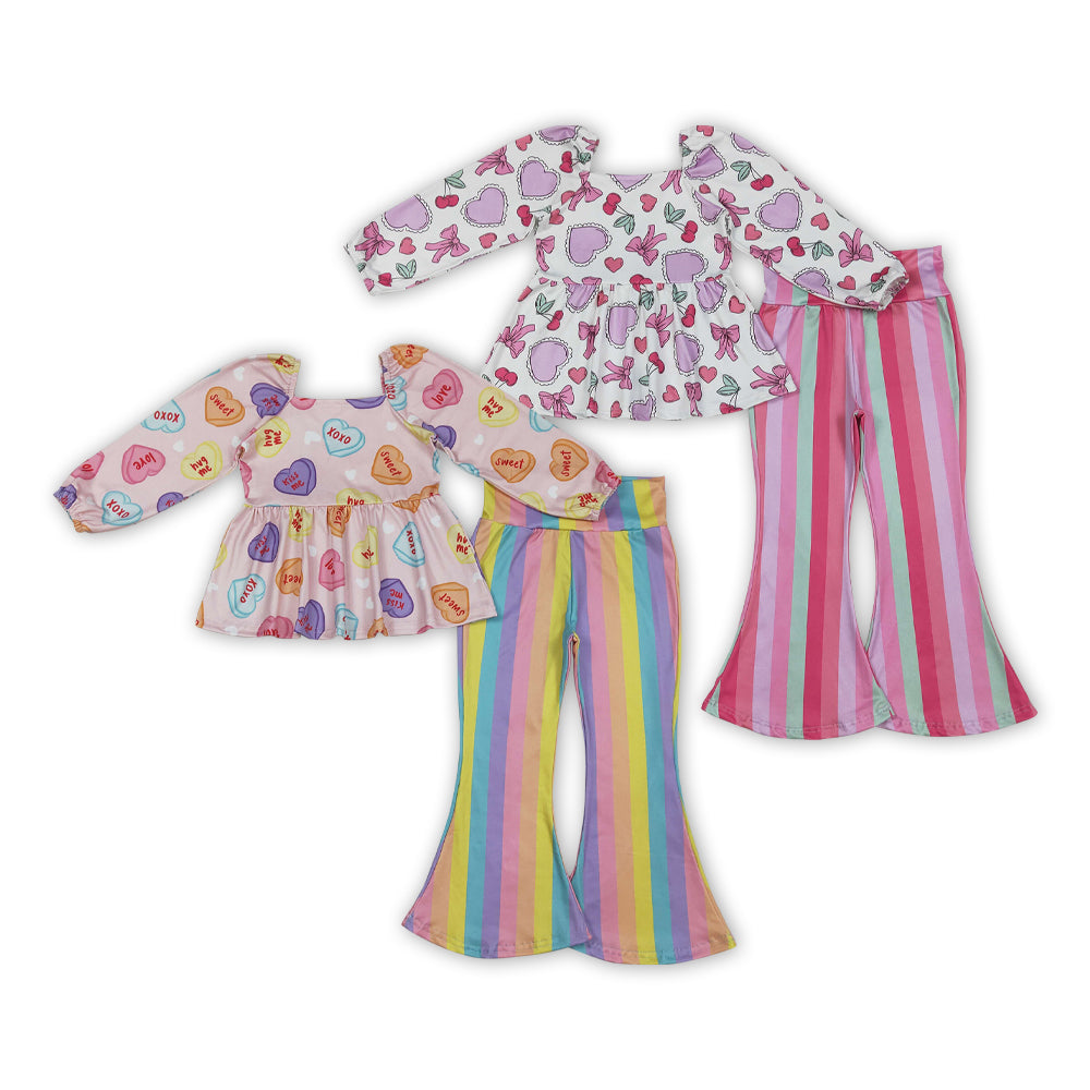 Hearts Bows Top Stripes Bell Pants Girls Valentine's Day Clothes Set Sisters Wear