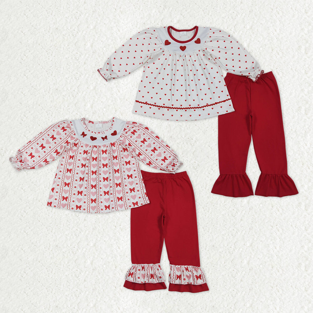 Hearts Embroidery Tunic Top Red Pants Girls Valentine's Day Clothes Set Sisters Wear