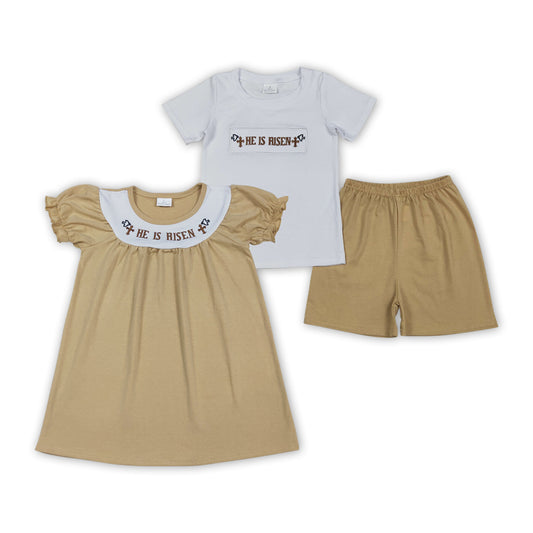 He is Risen Cross Embroidery Kids Easter Clothes Sibling Wear