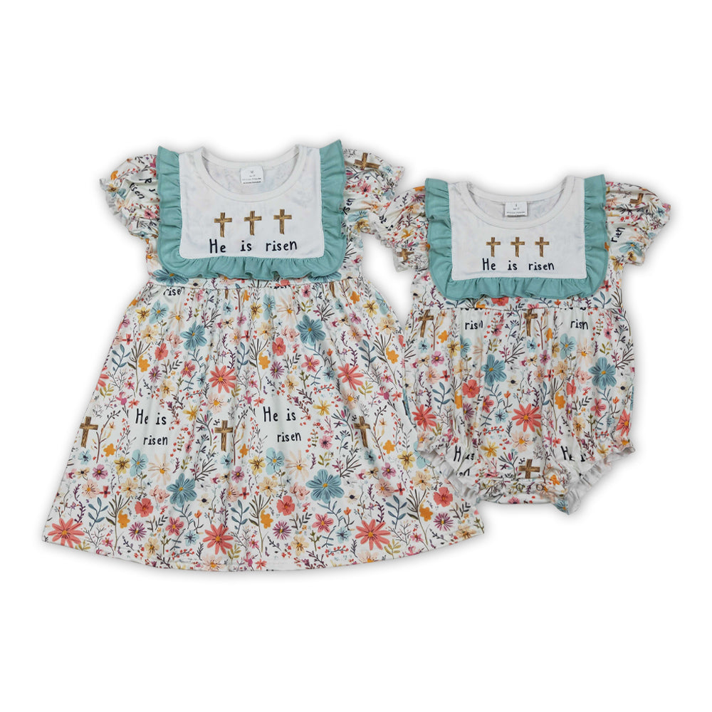 He is risen Cross Flowers Print Girls Easter Matching Clothes Sisters Wear