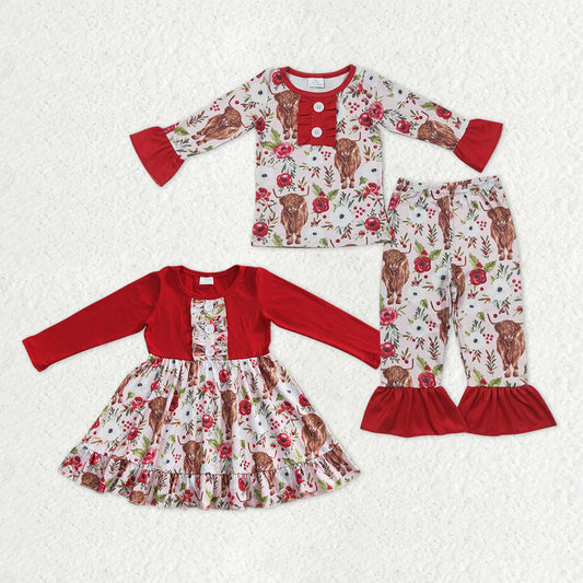 Highland Cow Red Flowers Girls Valentine's Day Clothes Sisters Western Wear