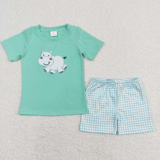 BSSO0466  Hippo Embroidery Top Plaid Shorts Boys Summer Clothes Set