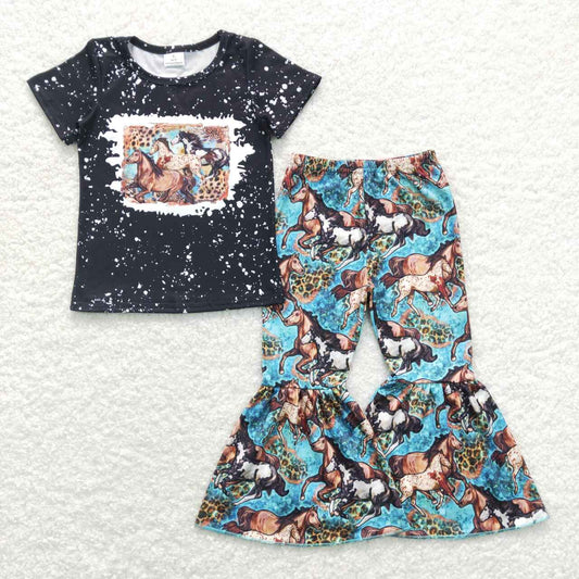 GSPO1199 Horse Print Bell Pants Girls Western Clothes Set