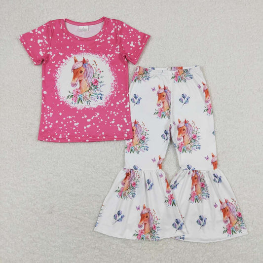 GSPO1340 Horse Flowers Print Bell Pants Girls Western Clothes Set