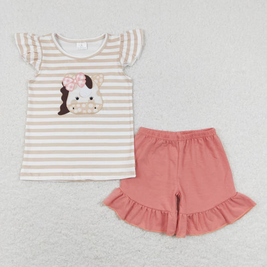 GSSO0423 Khaki Stripes Horse Embroidery Top Pink Shorts Girls Summer Clothes Set