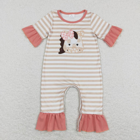 SR0674 Khaki Stripes Horse Embroidery Baby Girls Romper