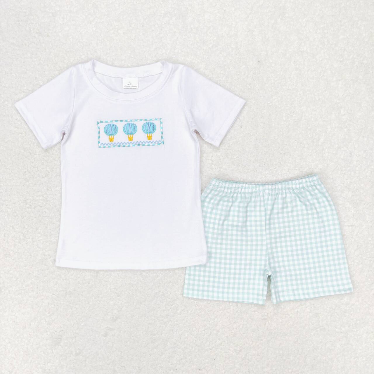 BSSO0784  Hot Air Balloon Embroidery Top Plaid Shorts Boys Summer Clothes Set