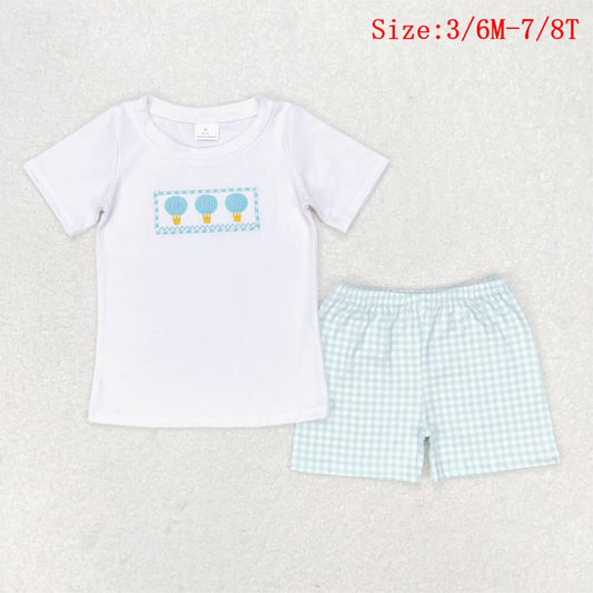 BSSO0784  Hot Air Balloon Embroidery Top Plaid Shorts Boys Summer Clothes Set