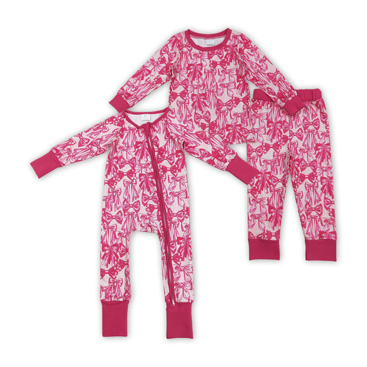 Hot Pink Bows Print Girls Fall Pajamas Matching Clothes