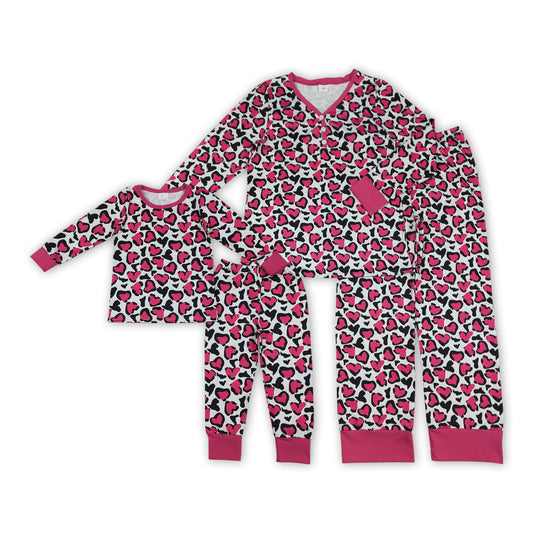 Hot Pink Hearts Leopard Print Mom and Me Valentine's Day Pajamas Matching Clothes Set