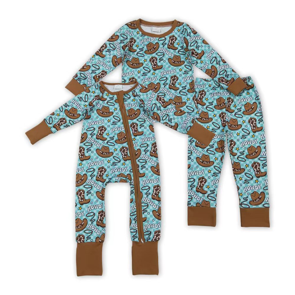 Howdy Boots Hat Plaid Print Boys Fall Western Pajamas Clothes Brothers Matching Wear