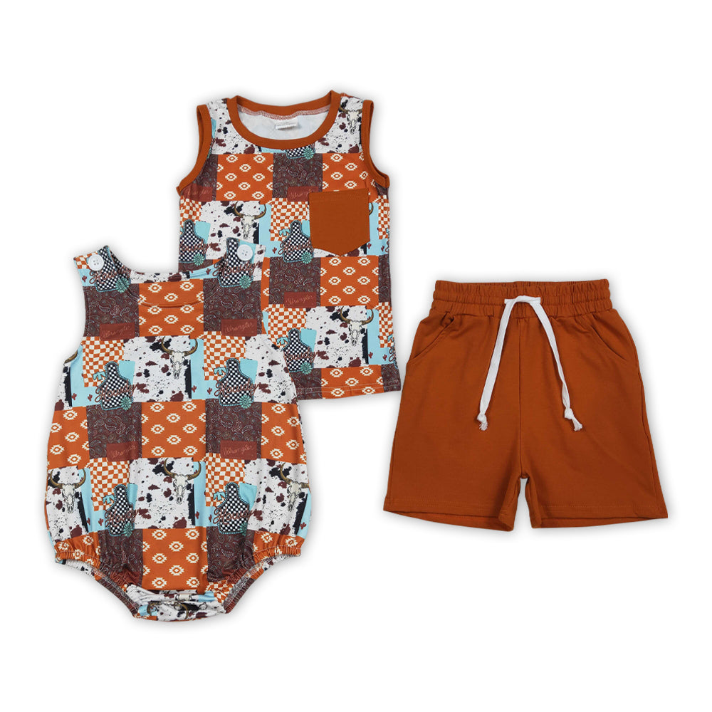 Howdy Cow Skull Aztec Plaid Print Boys Summer Matching Clothes Brothers Wear