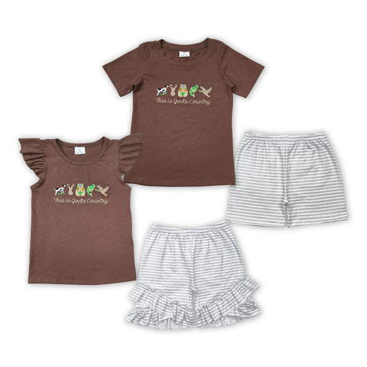 Hunting Embroidery Brown Top Stripes Shorts Kisa Summer Clothes Set Sibling Wear