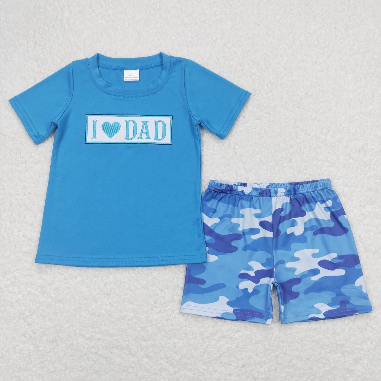 BSSO0455 I LOVE DAD Embroidery Top Blue Camo Shorts Boys Summer Clothes Set