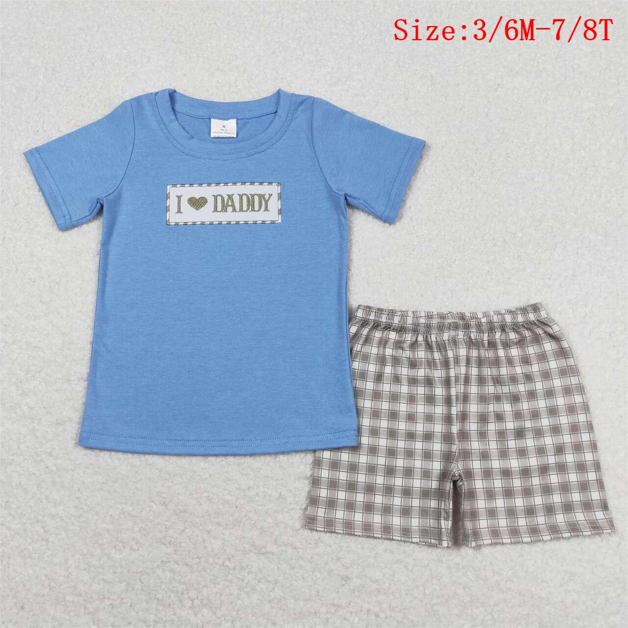 BSSO0640 I LOVE DADDY Embroidery Blue Top Plaid Shorts Boys Summer Clothes Set