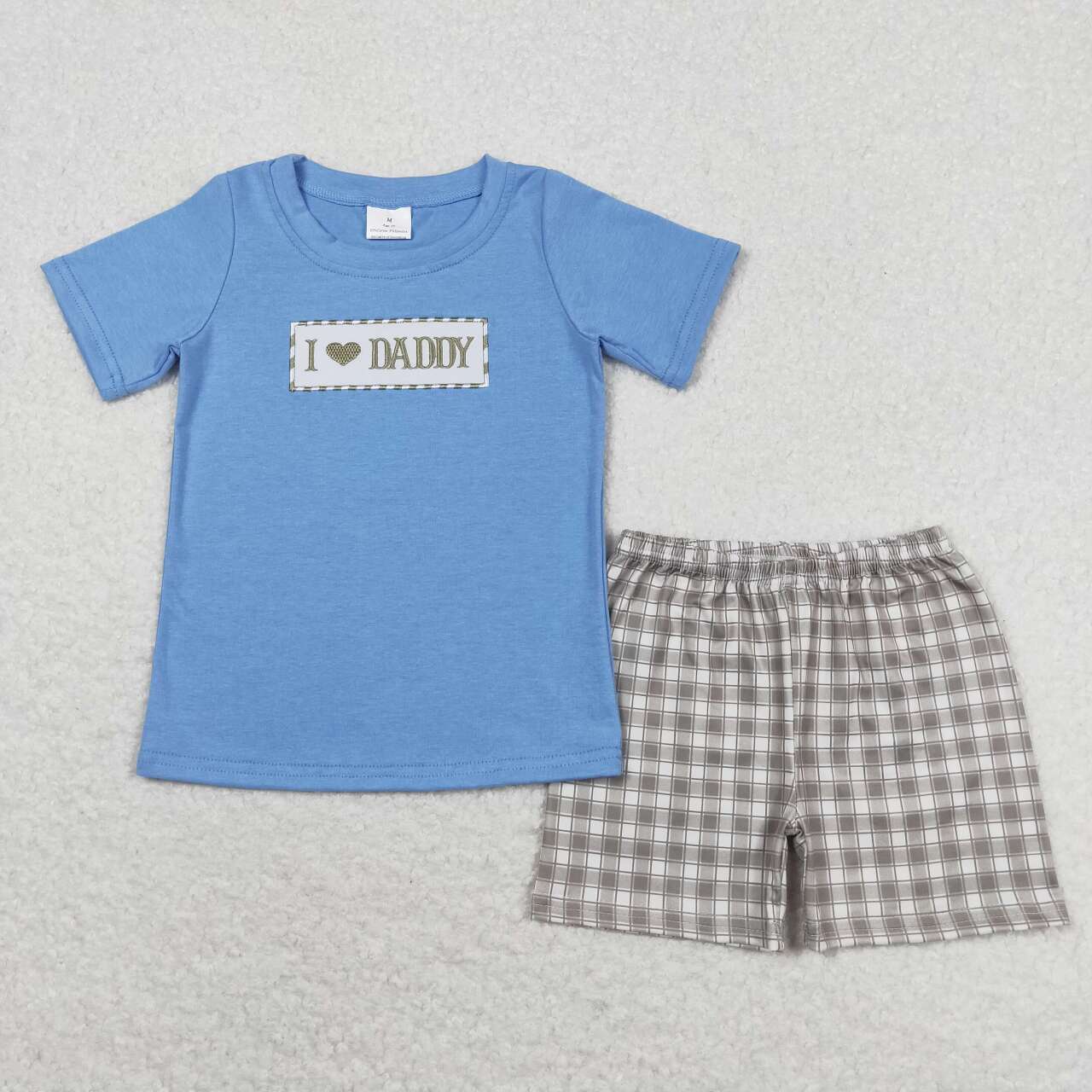 BSSO0640 I LOVE DADDY Embroidery Blue Top Plaid Shorts Boys Summer Clothes Set