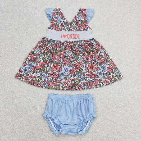 GBO0294 I LOVE DADDY Embroidery Flowers Top Blue Shorts Baby Girls Summer Bummie Set