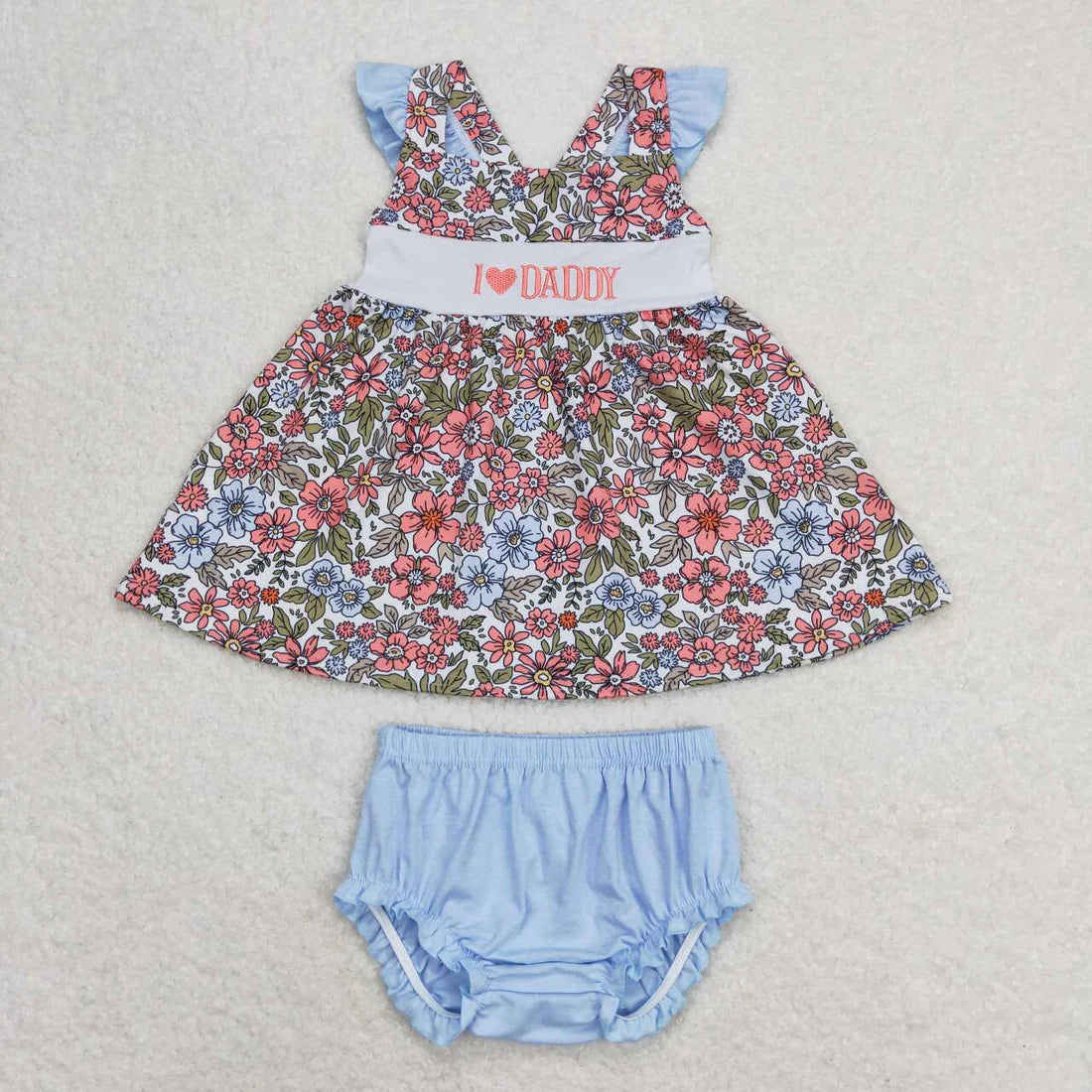 I LOVE DADDY Embroidery Baby Girls Summer Bummie Set Sisters Wear