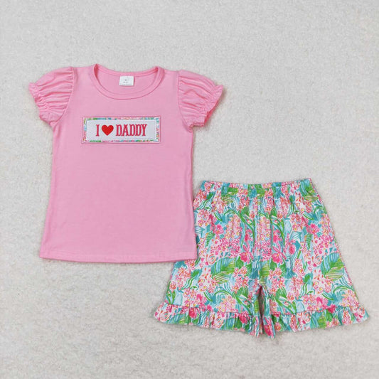 GSSO0658 I LOVE Daddy Embroidery Pink Top Flowers Shorts Girls Summer Clothes Set