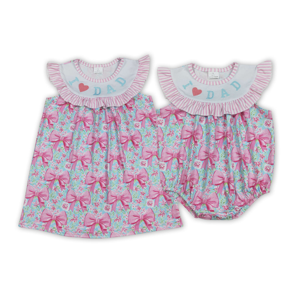 I LOVE DAD Embroidery Pink Flowers Bows Print Sisters Summer Matching Clothes