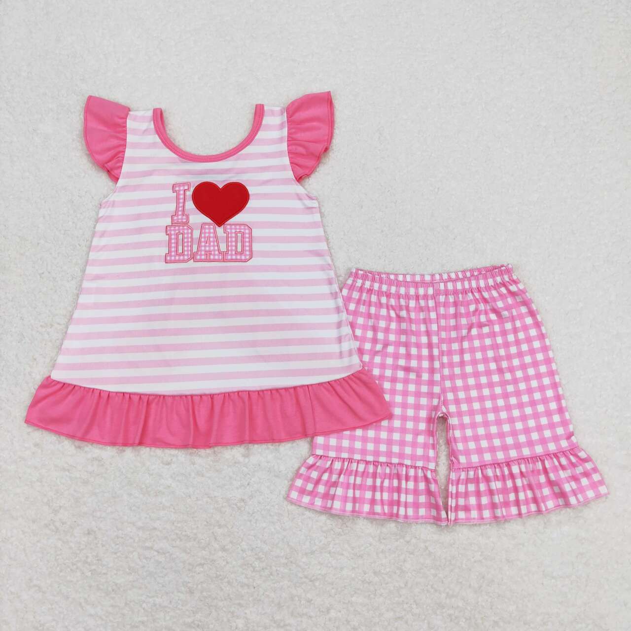 GSSO0563 I LOVE DAD Embroidery Top Pink Plaid Shorts Girls Summer Clothes Set