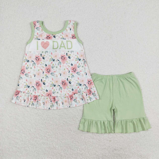 GSSO1178  I LOVE DAD Flowers Top Ruffle Shorts Girls Summer Clothes Set